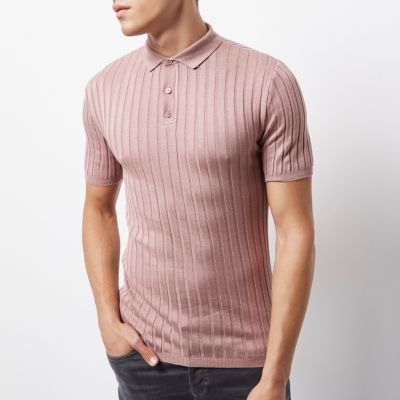 Pink ribbed muscle fit polo shirt